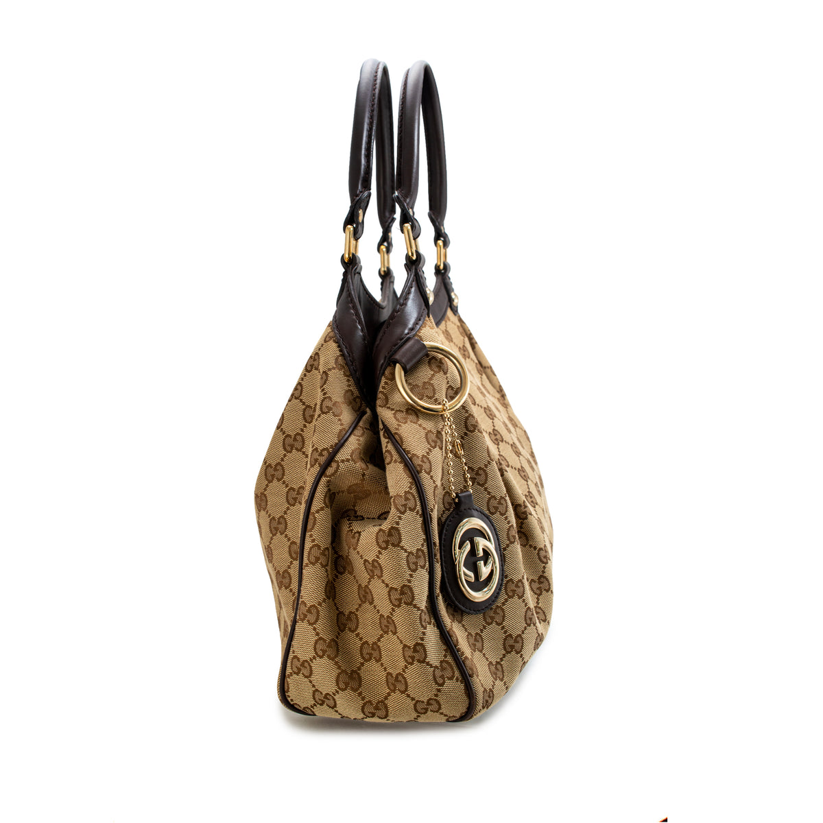 Gucci Sukey Beige Gg Canvas Brown Leather Gold-Tone Tote Bag