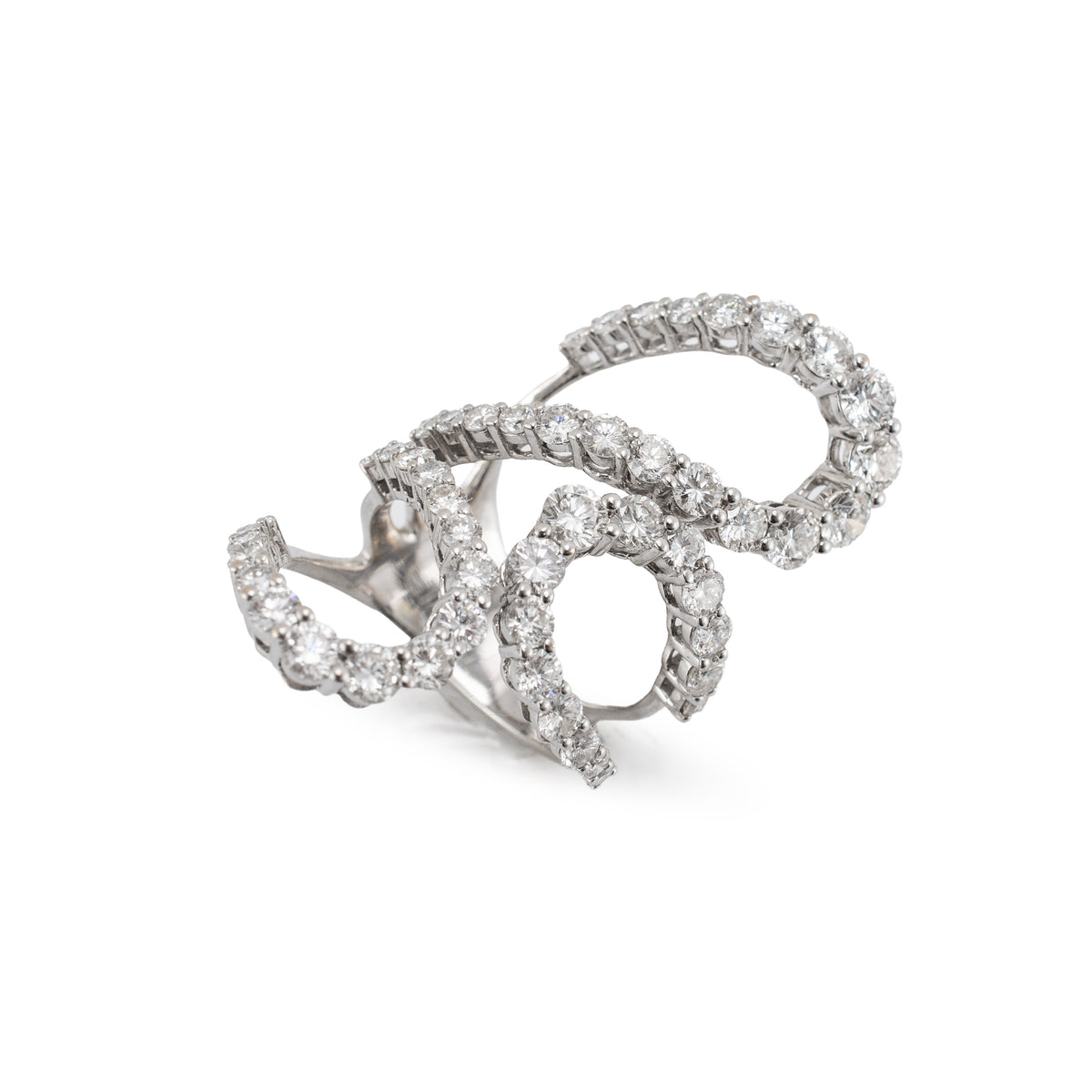 Ladies 18K White Gold Triple Swirl 5.00ctw Diamond Open Crossover Cocktail Ring