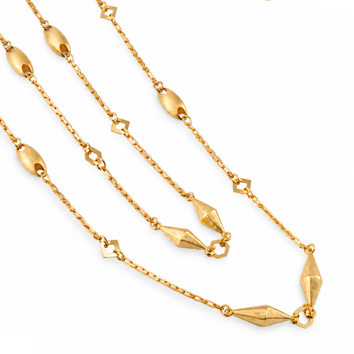 Vintage 18K Yellow Gold Long Geometric Puffed Pebble Station Link Chain Necklace
