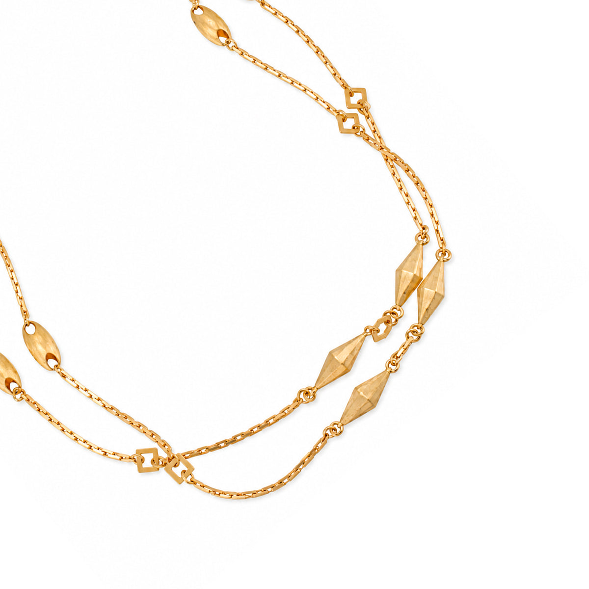 Vintage 18K Yellow Gold Long Geometric Puffed Pebble Station Link Chain Necklace