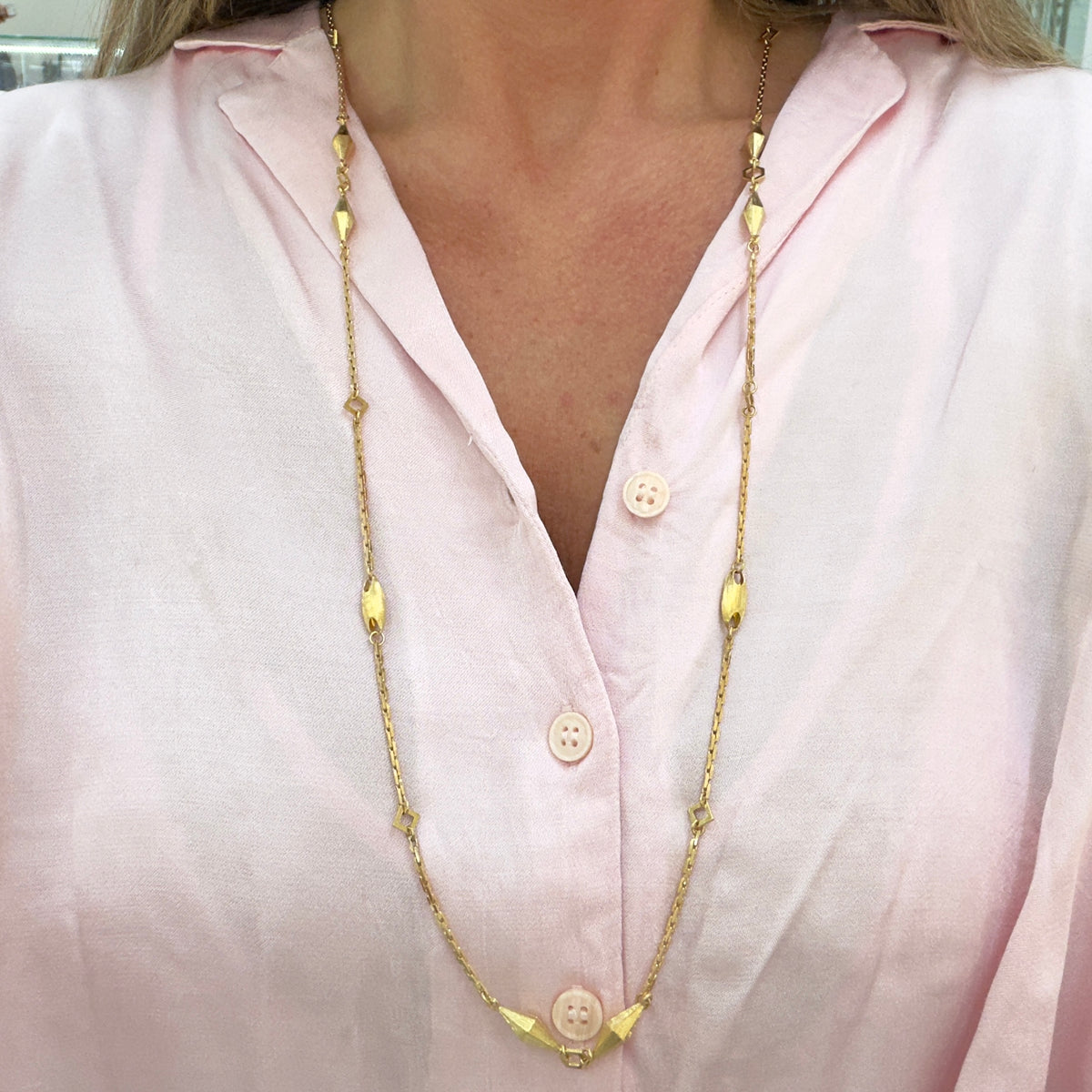 Vintage 18K Yellow Gold Long Geometric Puffed Pebble Station Link Chain Necklace