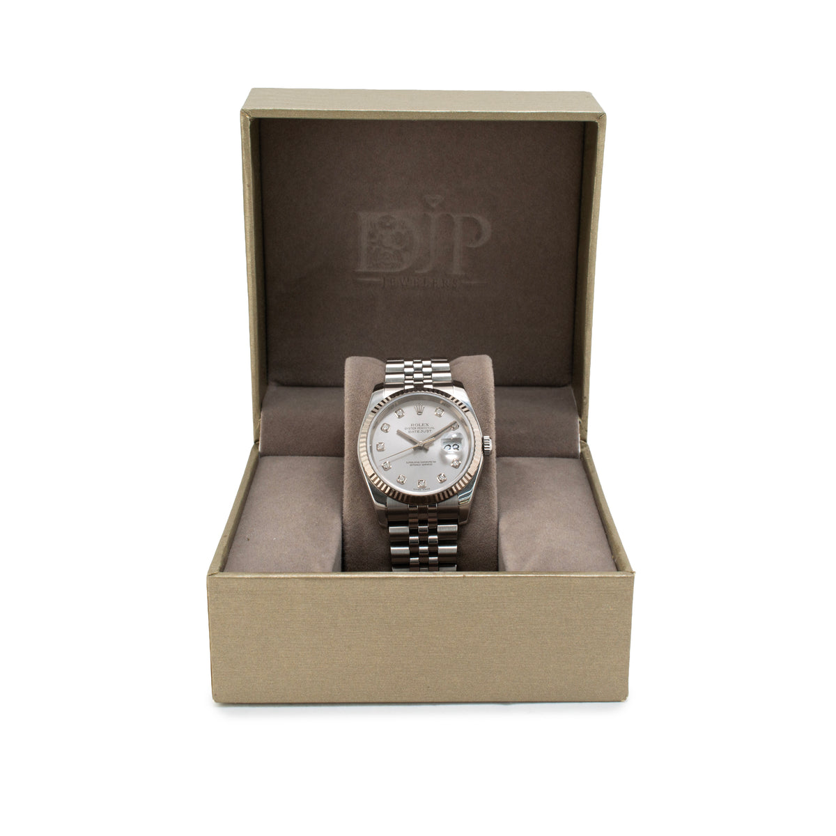 Rolex Datejust 36MM 116234 Silver Diamond Dial 18K White Gold Steel Watch