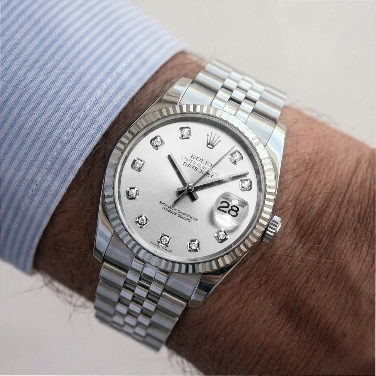 Rolex Datejust 36MM 116234 Silver Diamond Dial 18K White Gold Steel Watch