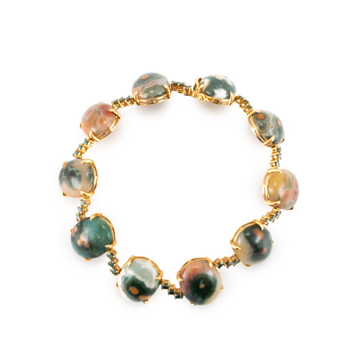 18K Yellow Gold Jasper Cabochons & Green Treated Diamonds Station Link Bracelet