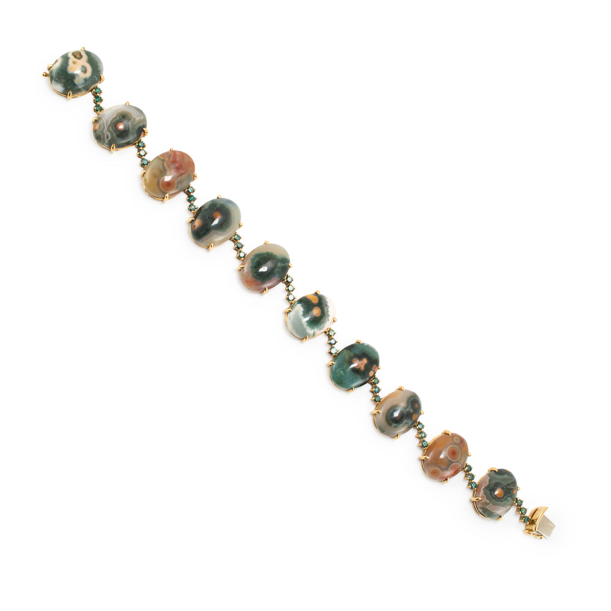 18K Yellow Gold Jasper Cabochons & Green Treated Diamonds Station Link Bracelet