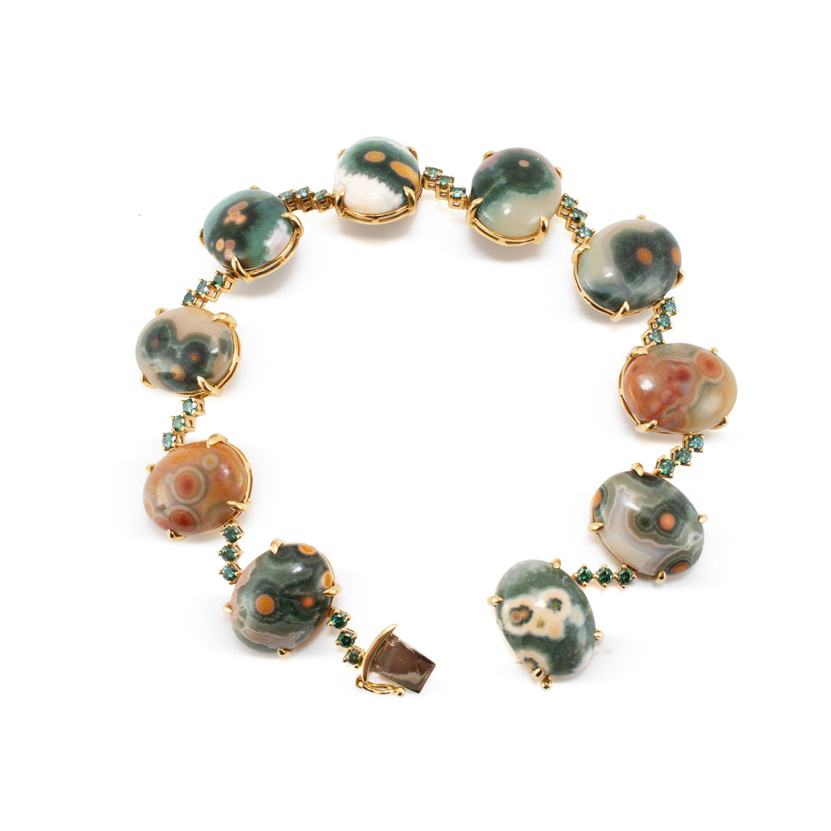 18K Yellow Gold Jasper Cabochons & Green Treated Diamonds Station Link Bracelet