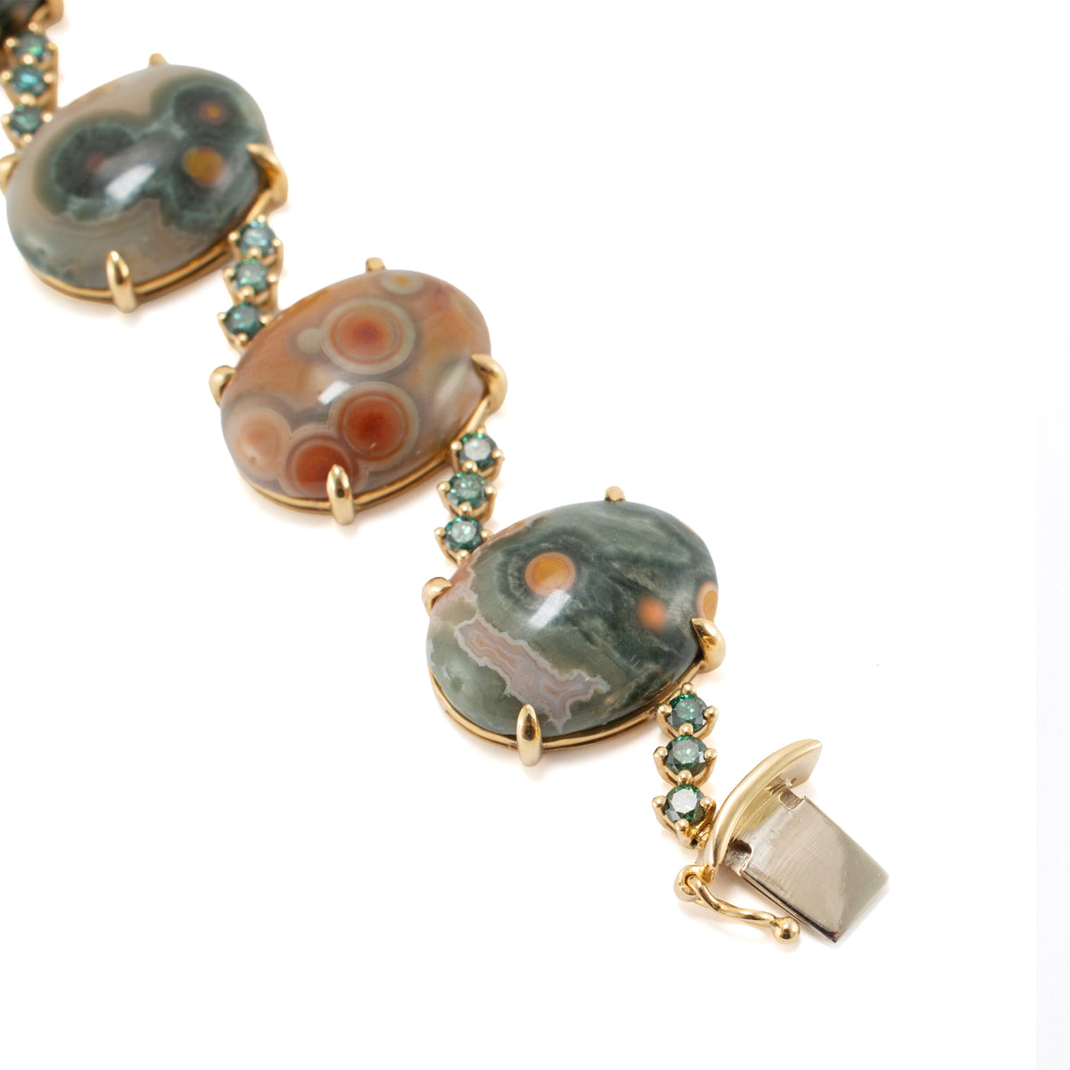 18K Yellow Gold Jasper Cabochons & Green Treated Diamonds Station Link Bracelet