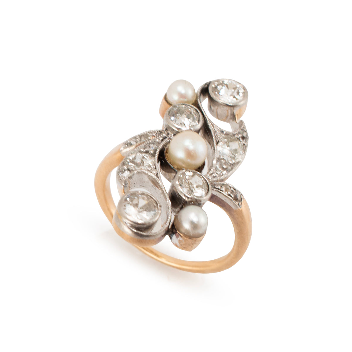 Antique Platinum 14K Pearl 1.55ctw Old Euro Diamonds Belle éPoque Cocktail Ring