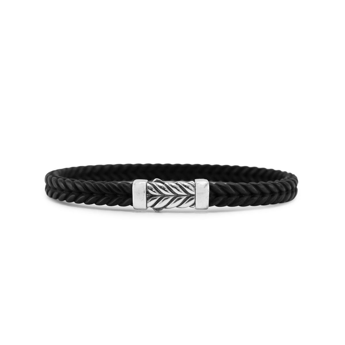 David Yurman Men’s 6MM Chevron 925 Silver Black Rubber Bangle Bracelet