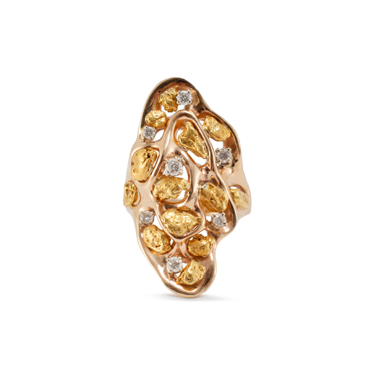 Orocal Genuine Hand Crafted Gold Nugget 14K Yellow Gold Diamond Cocktail Ring