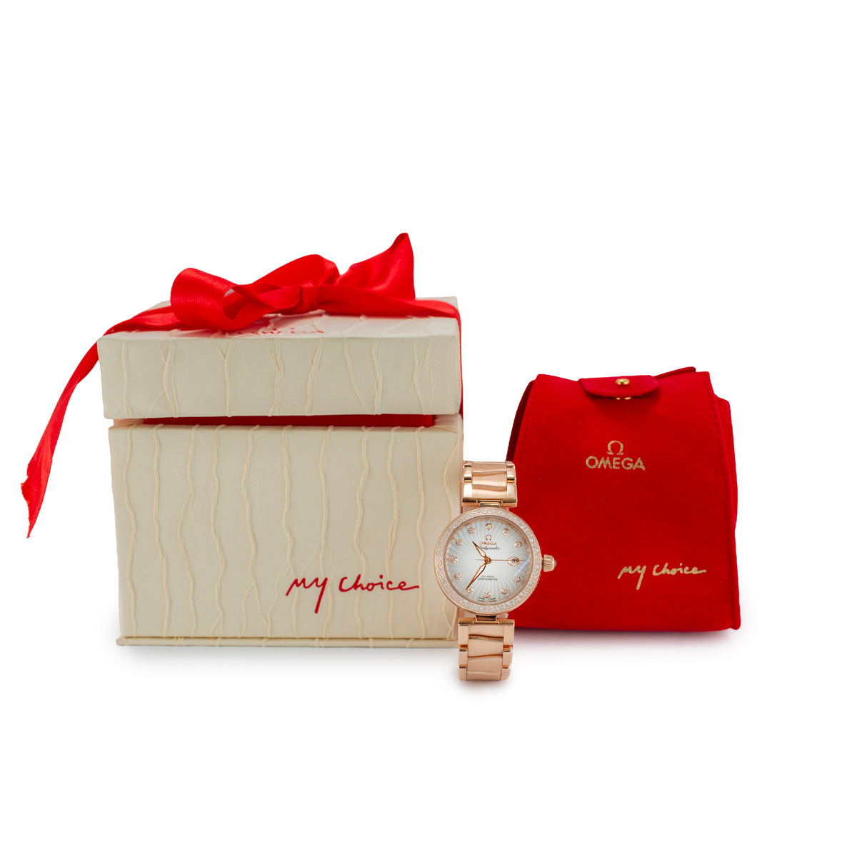 Ladies Omega de Ville Matic 34MM 42565342055001 Mop Diamond 18K Rose Gold Watch
