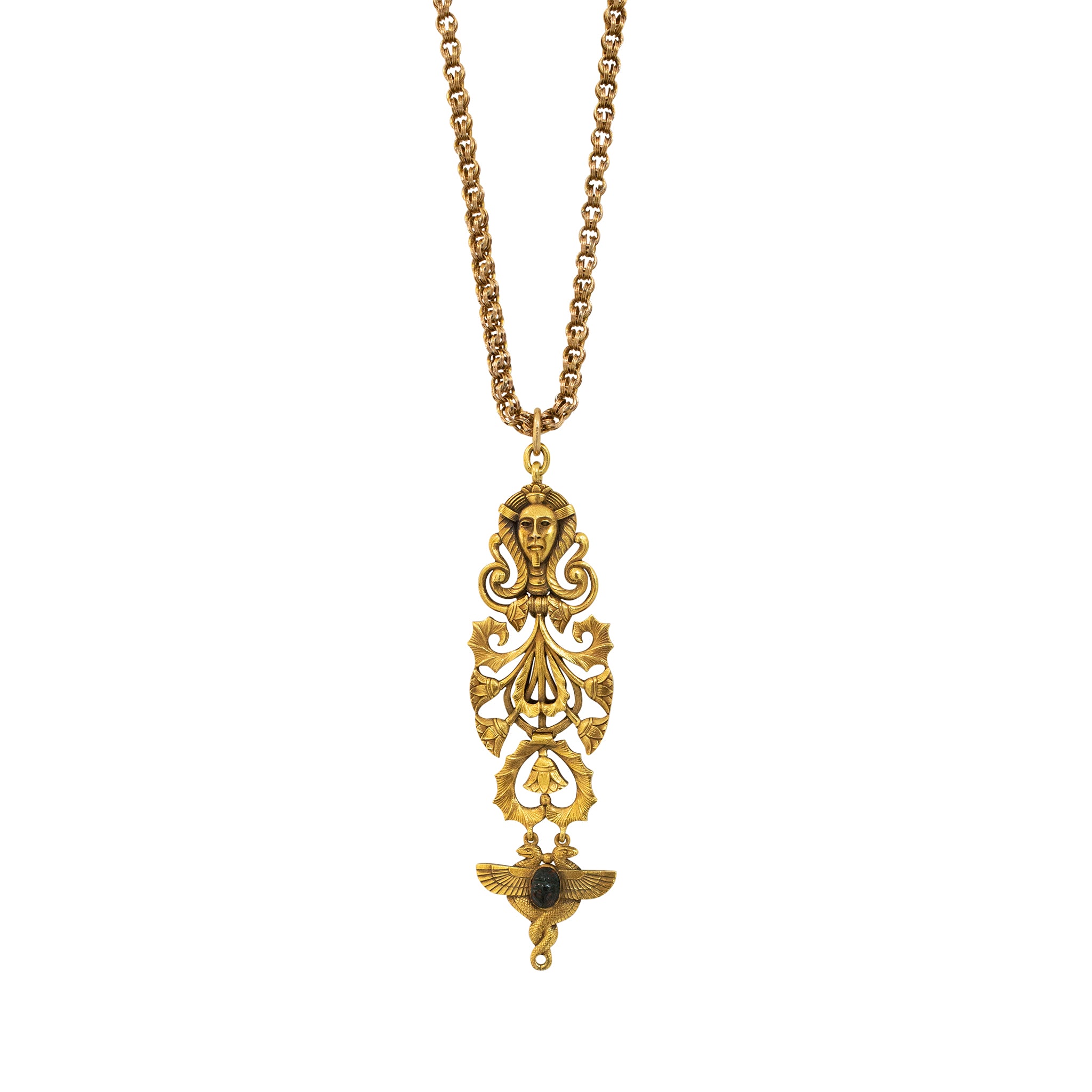 Victorian Antique 19K Yellow Gold Egyptian Pendant Chain Necklace