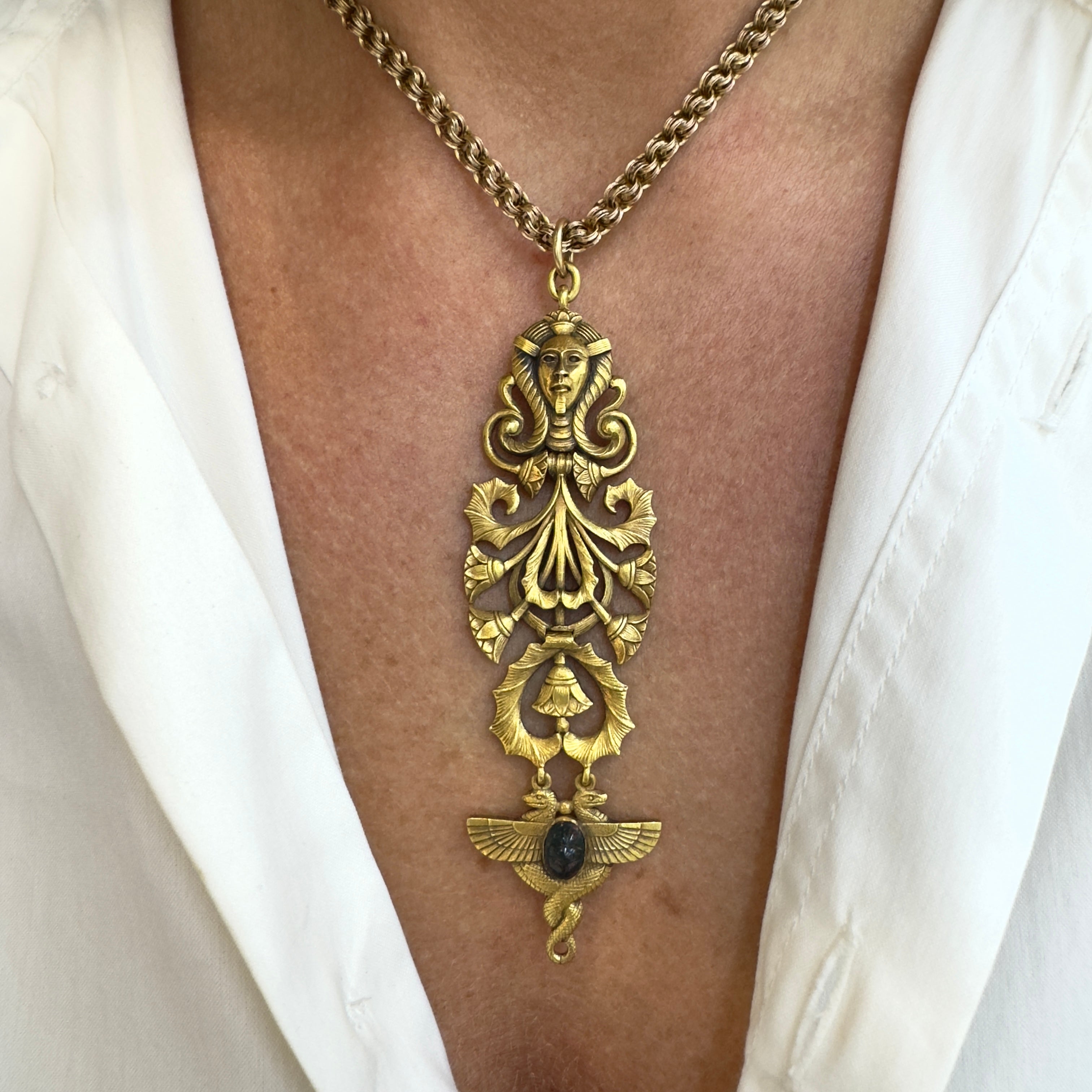 Victorian Antique 19K Yellow Gold Egyptian Pendant Chain Necklace