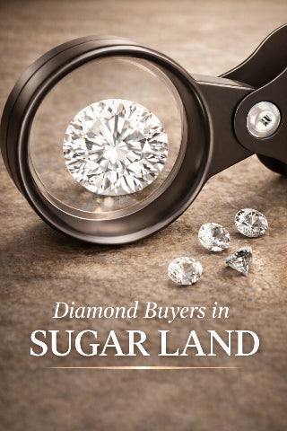 Diamond under a magnifying glass with text about diamond buyers in Sugar Land.