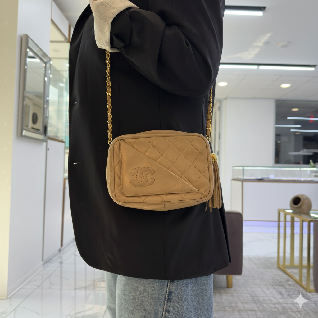 Vintage Chanel Quilted Beige Quilted Lambskin Leather Tassel Camera Bag