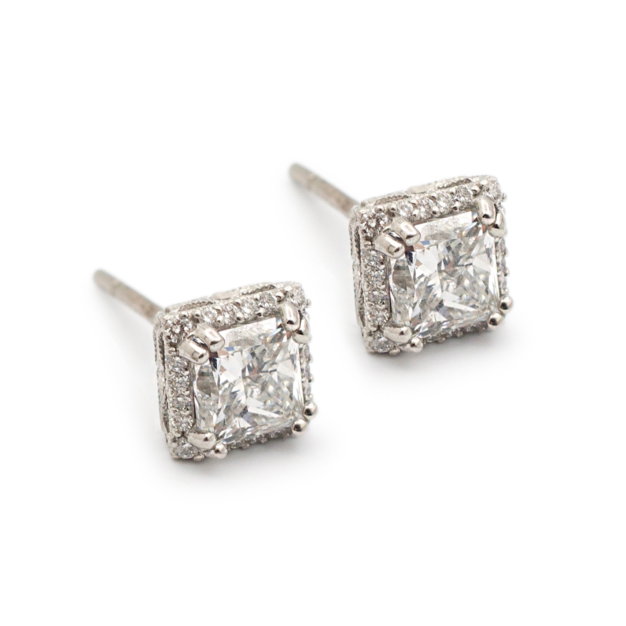 Tacori Ladies 18K White Gold Filigreed Style Square Princess Cut Halo Diamond Stud Earrings