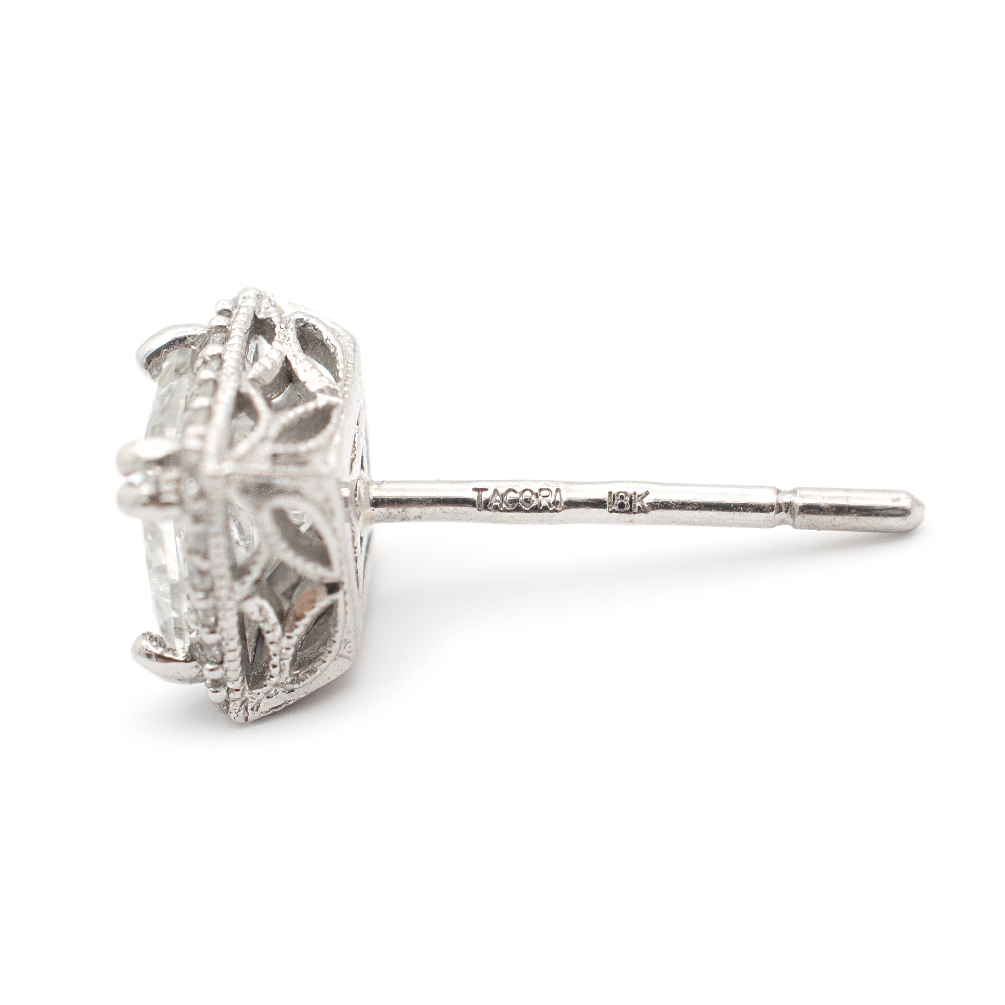 Tacori Ladies 18K White Gold Filigreed Style Square Princess Cut Halo Diamond Stud Earrings