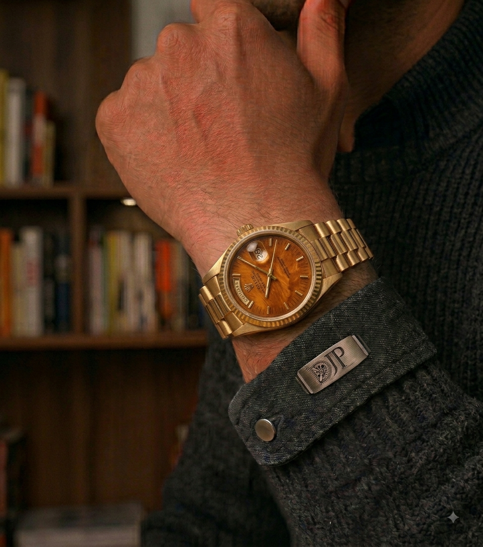 Vintage Rolex Day Date 36MM 18038 Walnut Birch Wood Dial Bark 18K Gold Watch