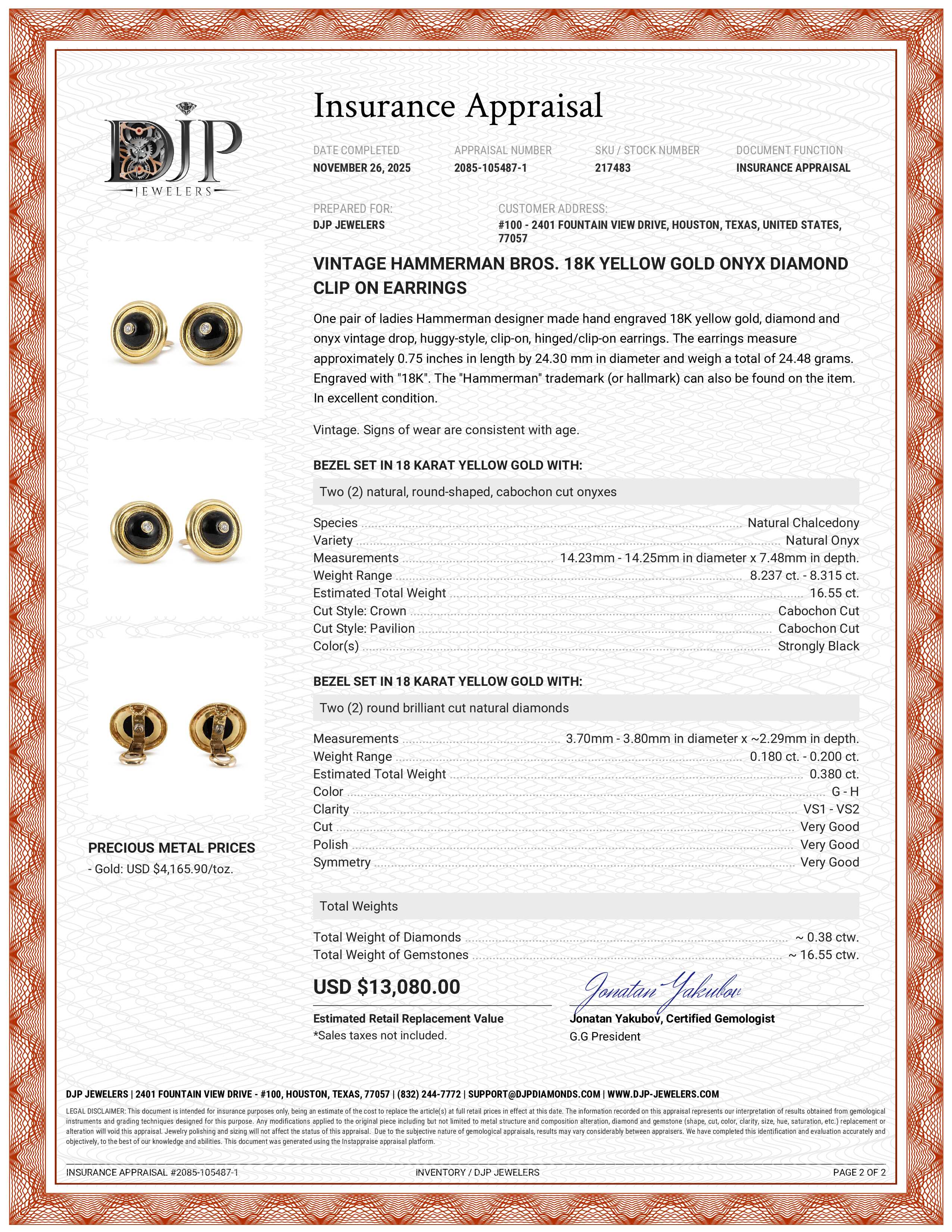 Vintage Hammerman Bros. 18k Yellow Gold Onyx Diamond Clip On Earrings