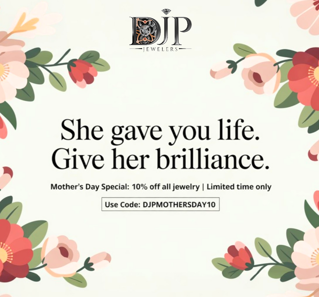Mother's Day jewelry sale banner with floral border illustration and the message: "She gave you life. Give her brilliance." Includes promotional text "Mother’s Day Special: 10% off all jewelry | Limited time only" and a bold coupon code "Use Code: DJPMOTHERSDAY10" centered on a soft light-gray background.