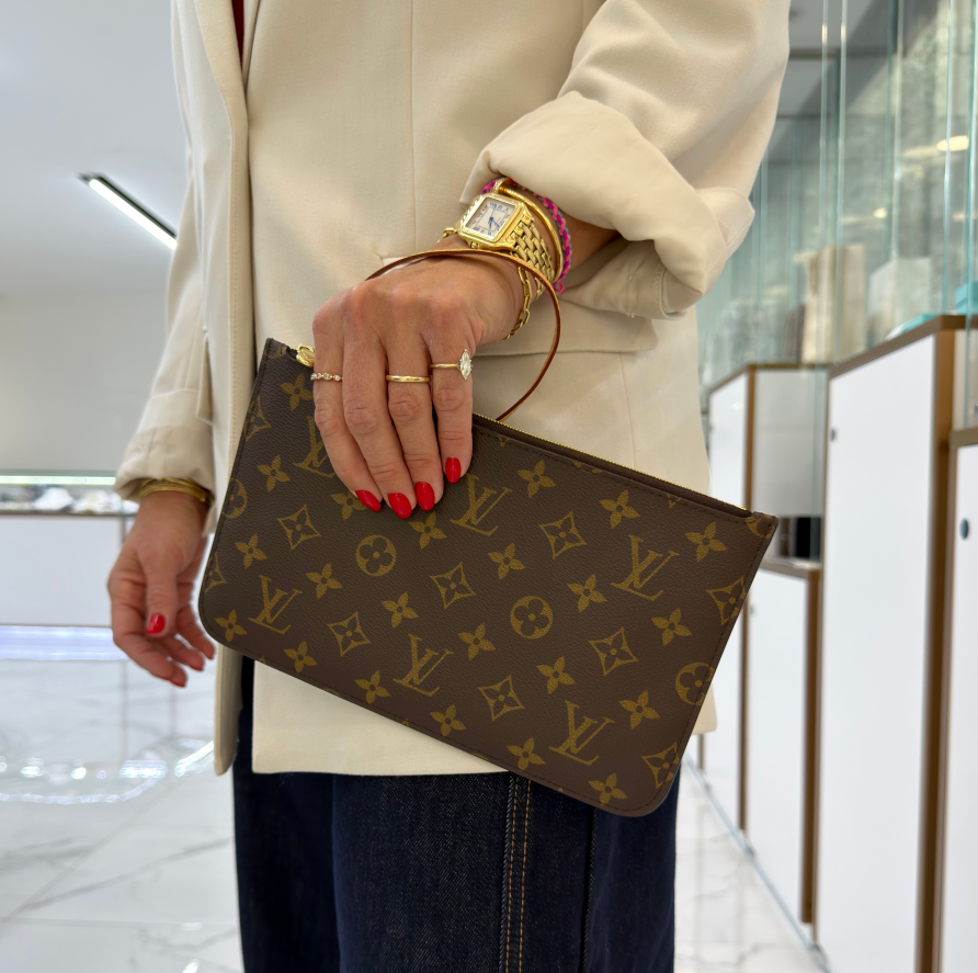 Louis Vuitton Neverfull Monogram Canvas Gold-Tone Hardware Wristlet Bag