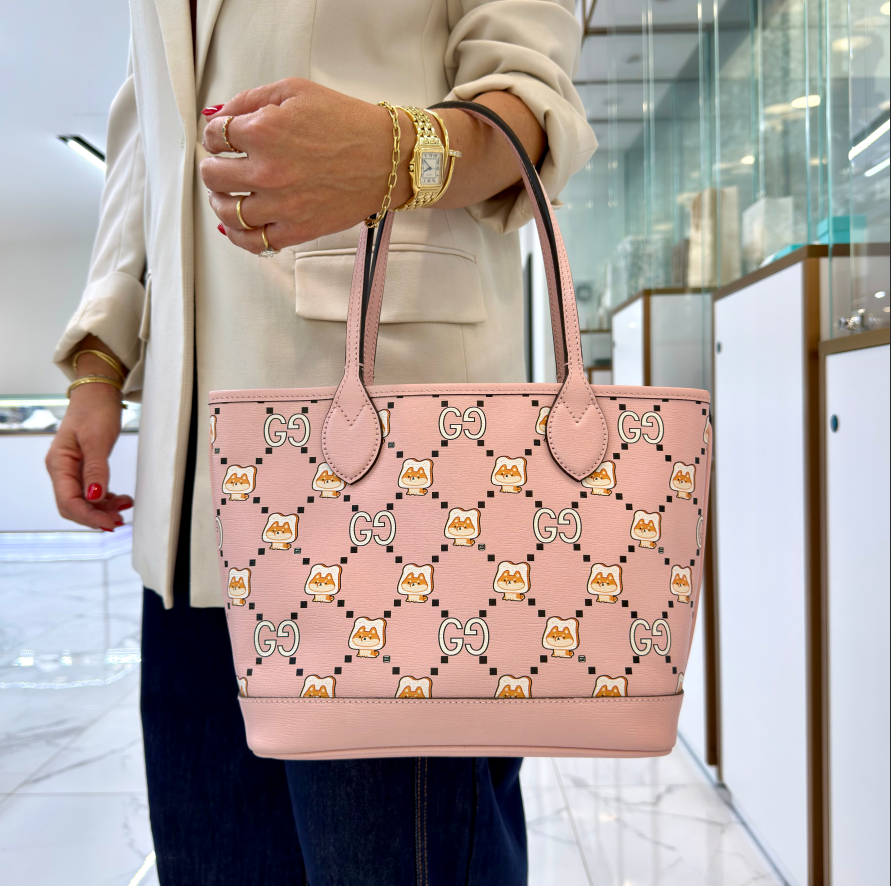 Gucci X Pikarar Kawaii Pink Printed Leather Tote Bag