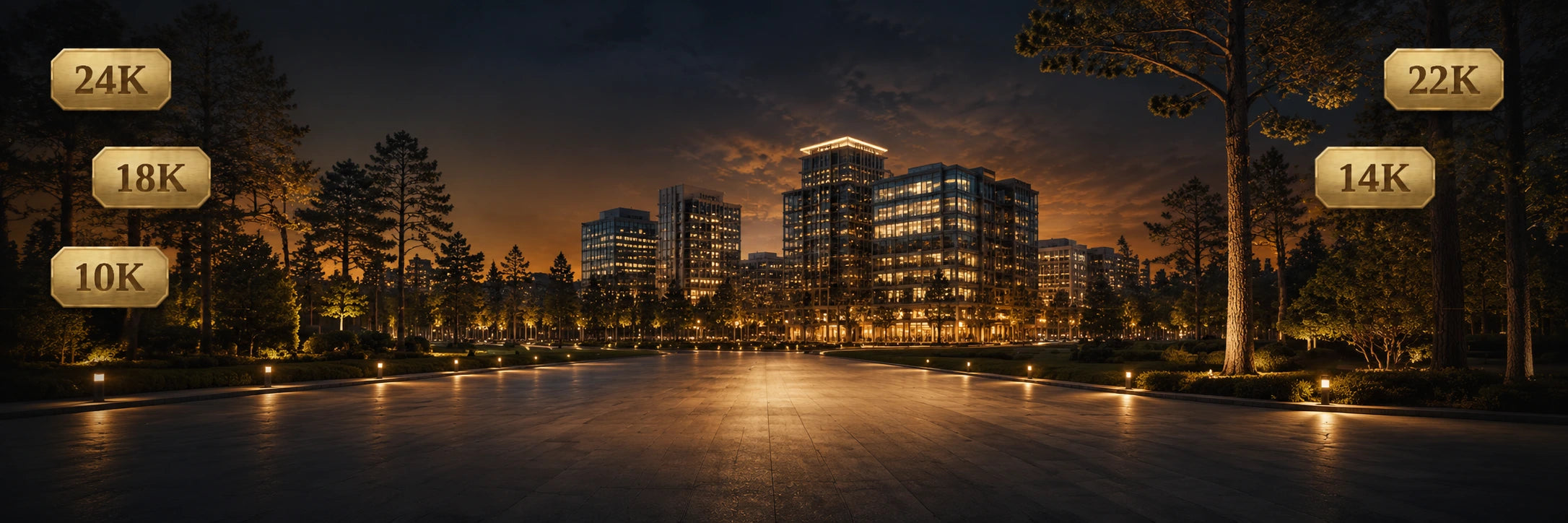 Nighttime skyline of The Woodlands and Spring, Texas with 24K, 22K, 18K, 14K and 10K gold purity badges, representing DJP Jewelers & Luxury Buyers' gold buying service for The Woodlands and Spring area.