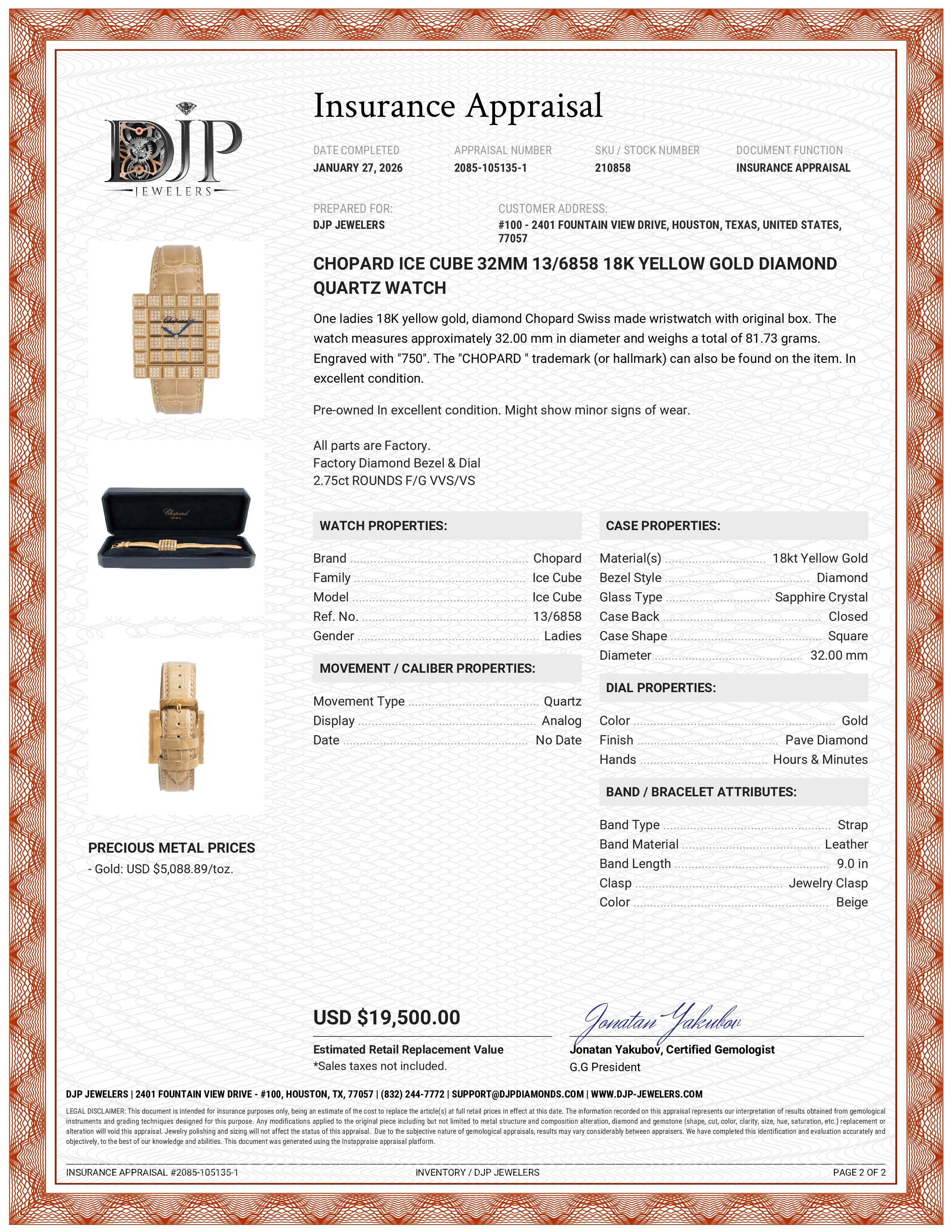 Ladies Chopard Ice Cube 32MM 13/6858 18K Yellow Gold Diamond Watch