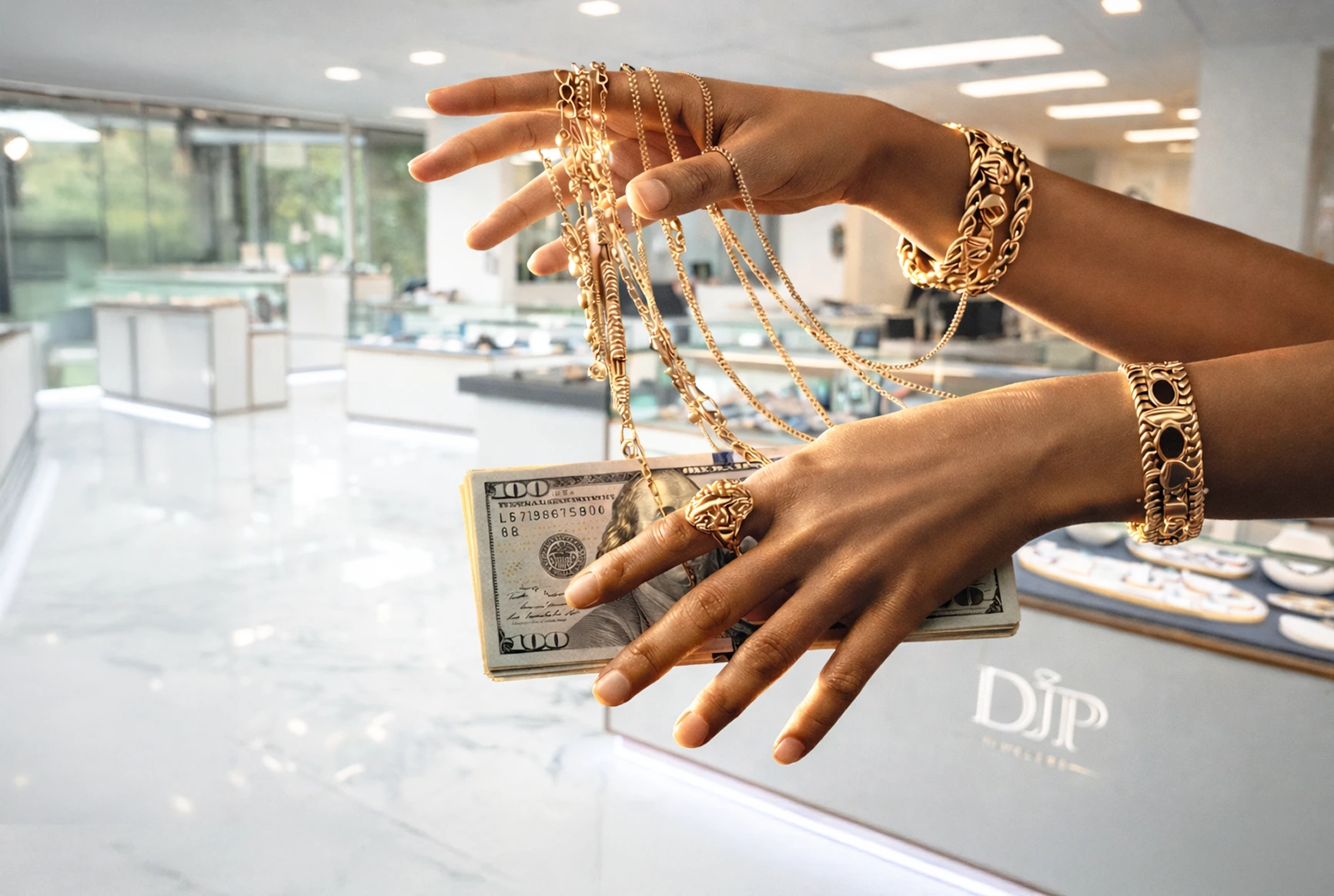 Gold and silver estate jewelry and fine jewelry evaluated in hand with cash inside DJP Jewelers & Luxury Buyers showroom, highlighting a Texas luxury marketplace that buys, appraises and services fine jewelry, gold and silver estate pieces, luxury watches, precious metals, loose diamonds and gemstones, designer bags, and bullion, while also offering curated luxury items for sale in Houston, The Woodlands, Sugar Land and Austin.