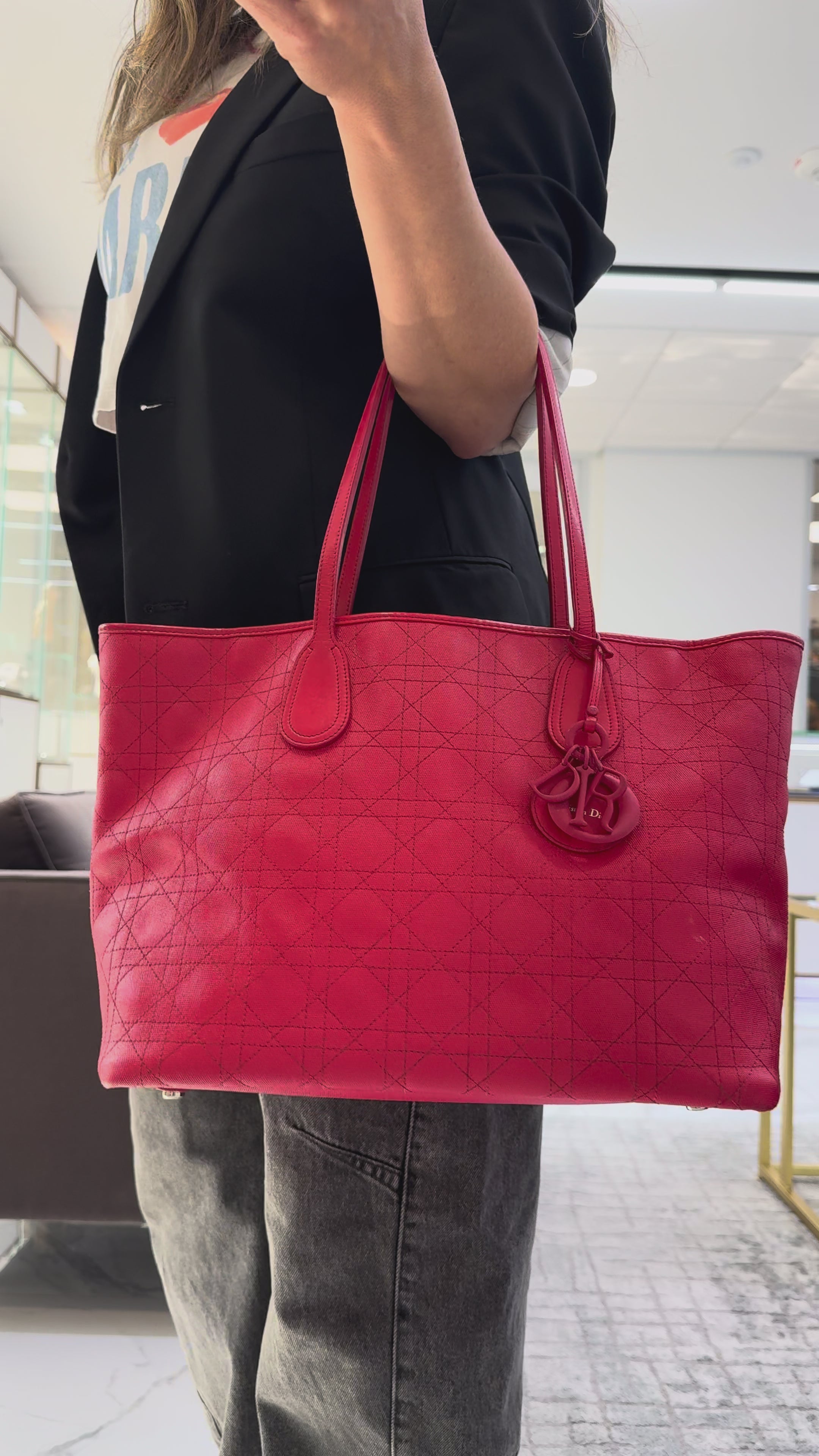 Christian Dior Panarea Medium Red Cannage Quilted Nylon Tote Handbag