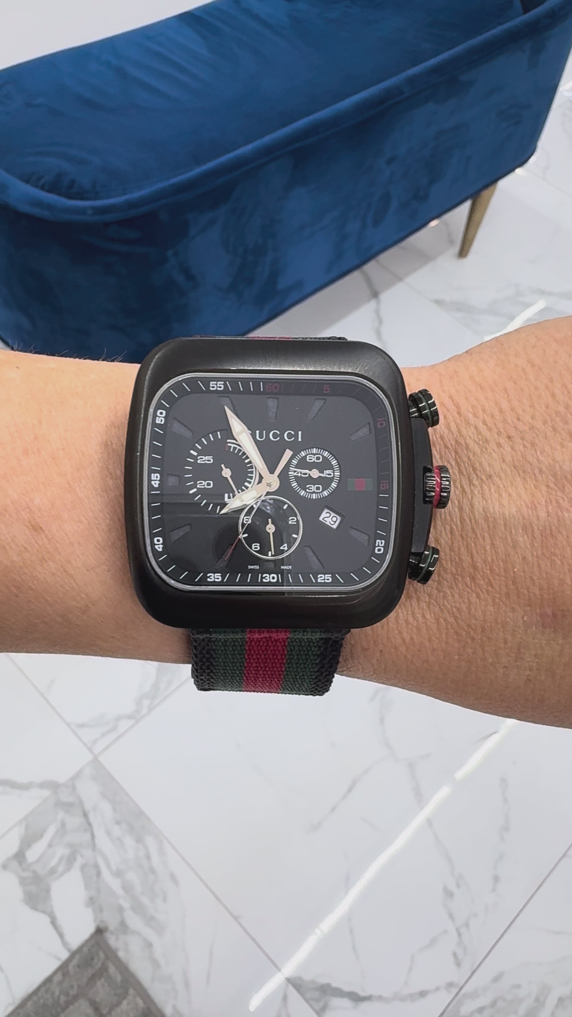 Gucci Coupe 44MM 131.2 YA131202 Chronograph Square Black Dial Red Quar