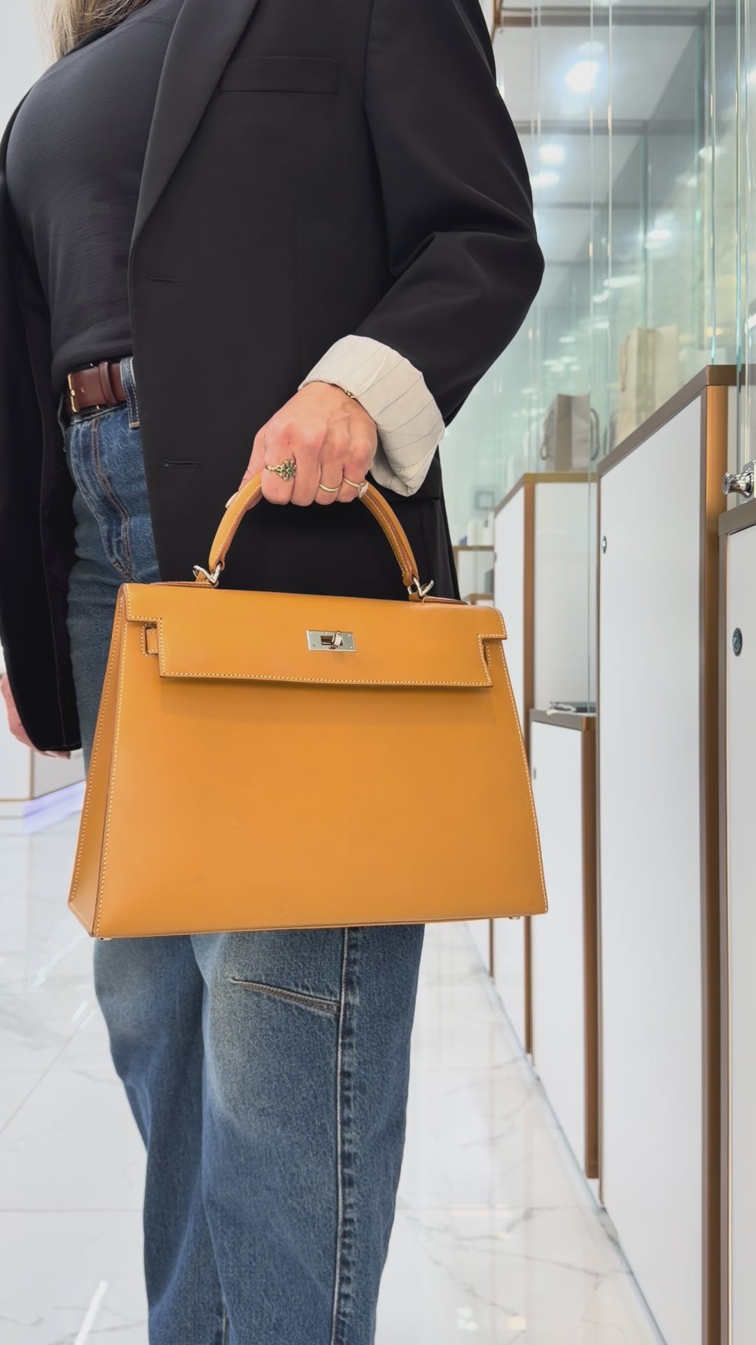 Hermes Kelly 32 Gold Box Calf Leather Palladium Hardware Top Handle Ba