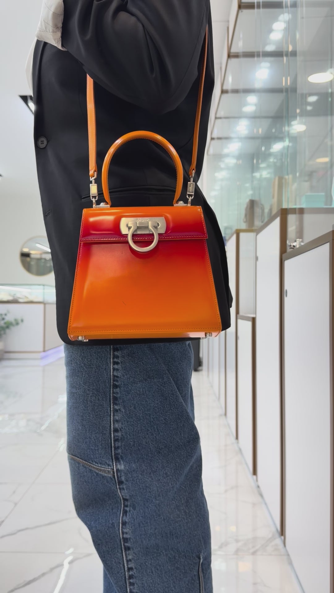 Salvatore Ferragamo Iconic Top Handle 212193 Leather Airbrush Orange B