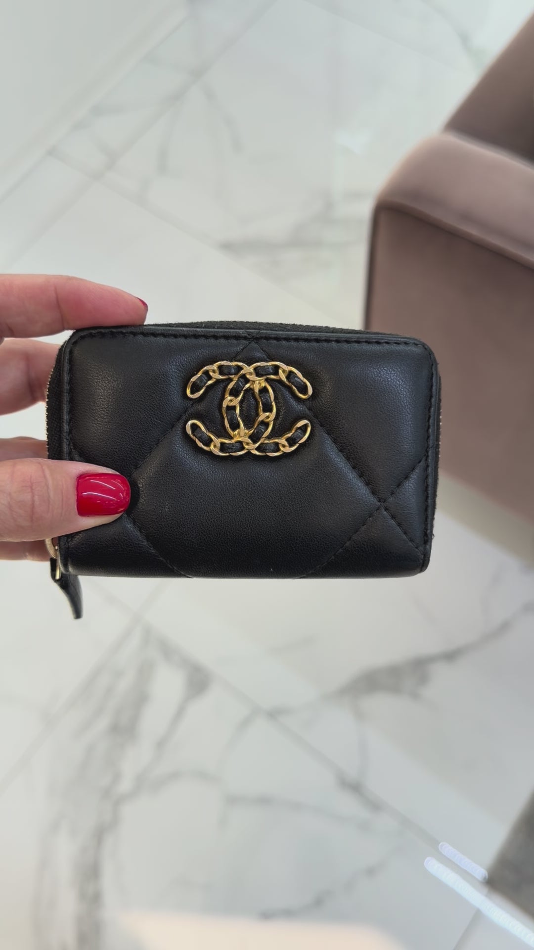 Chanel Lambskin Black Quilted Chanel 19 Zip Around Purse Wallet Bag