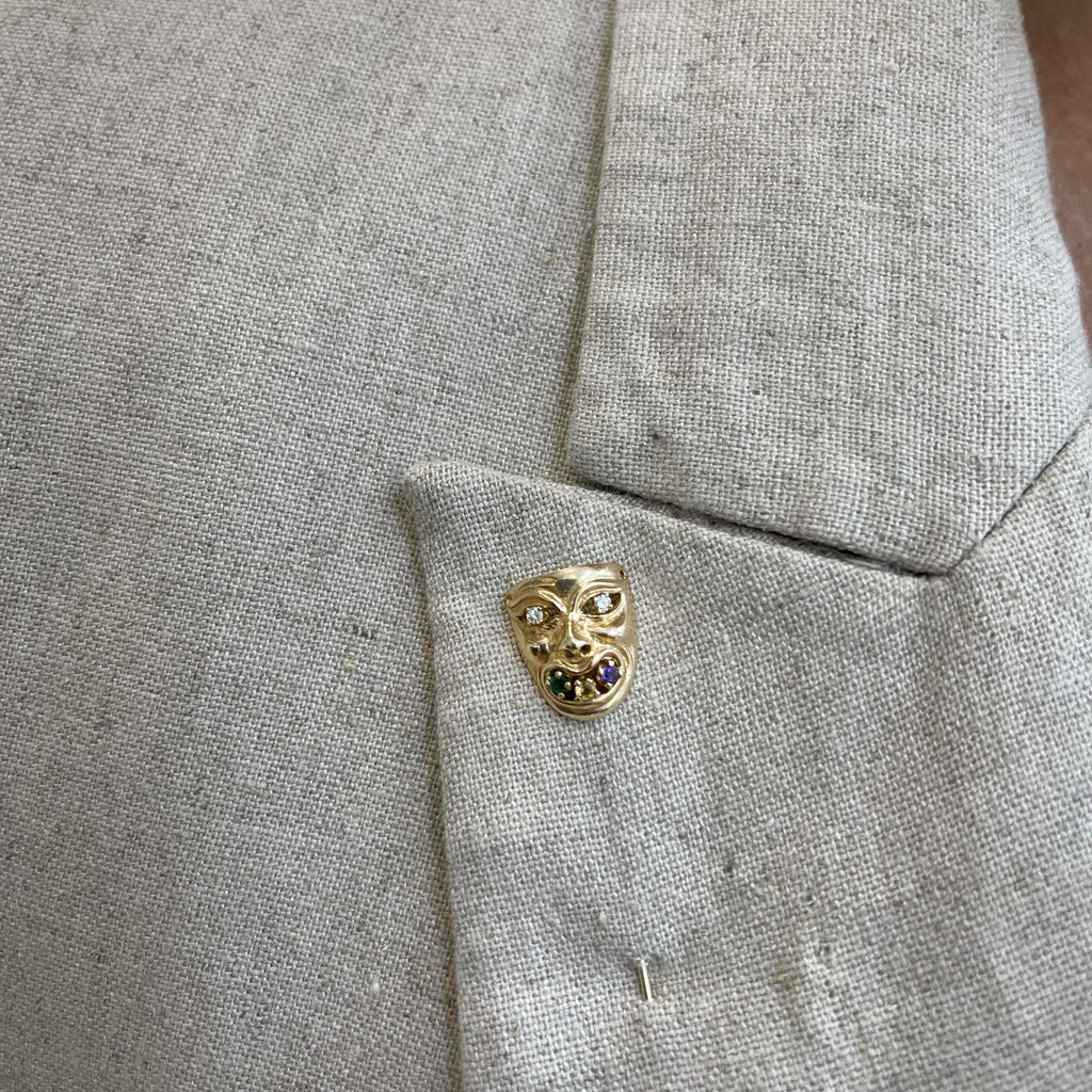 Vintage 14K Yellow Gold Diamond Emerald Amethyst Citrine Mask Pin