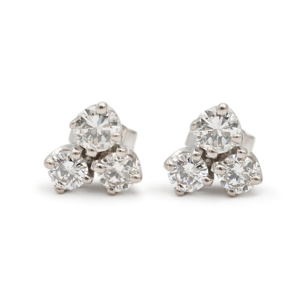Ladies 14K White Gold Three Stone Diamond Stud Earrings