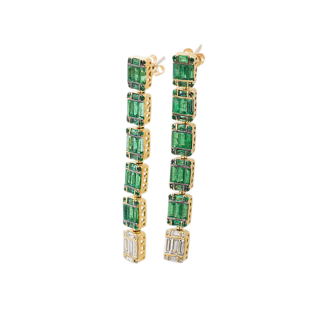 Ladies 10K Yellow Gold Emeralds & Diamonds Dangle Drop Earrings