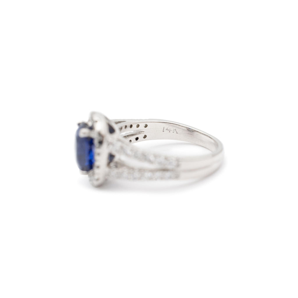 Ladies 14K White Gold Gia Sapphire Halo Accented Diamond Cocktail Ring