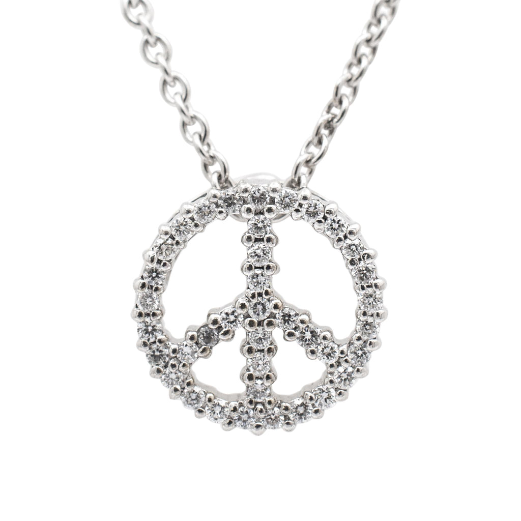 Ladies 18K White Gold Diamond Peace Sign Pendant Necklace