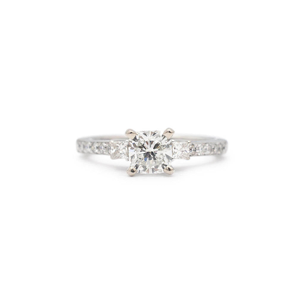 Ladies 14K White Gold Three Stone Accented Diamond Engagement Ring