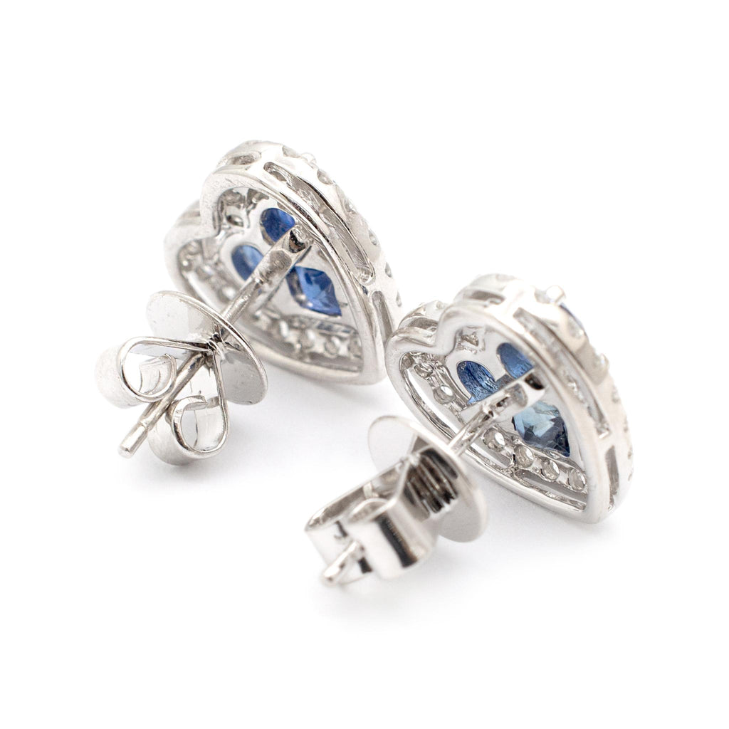 Ladies 18K White Gold Sapphire Halo Diamond Heart Shaped Stud Earrings