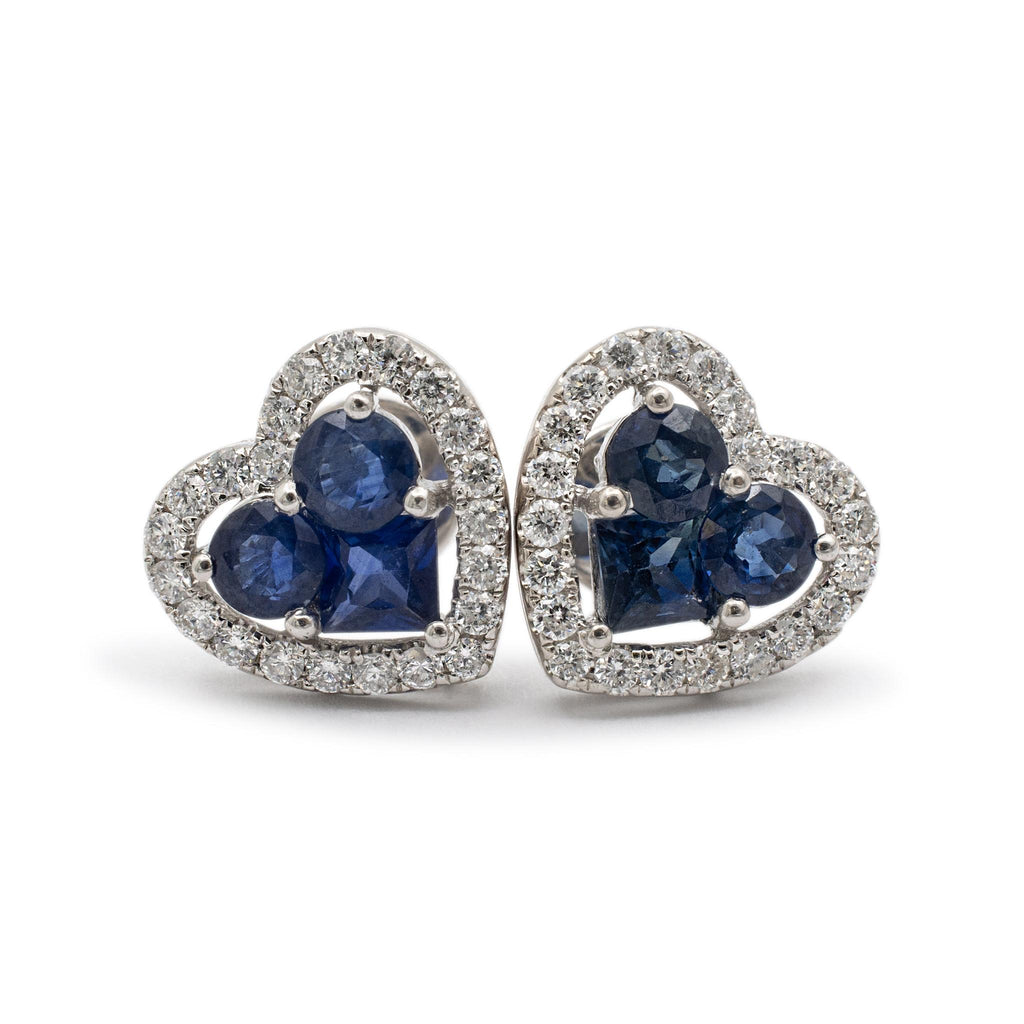 Ladies 18K White Gold Sapphire Halo Diamond Heart Shaped Stud Earrings