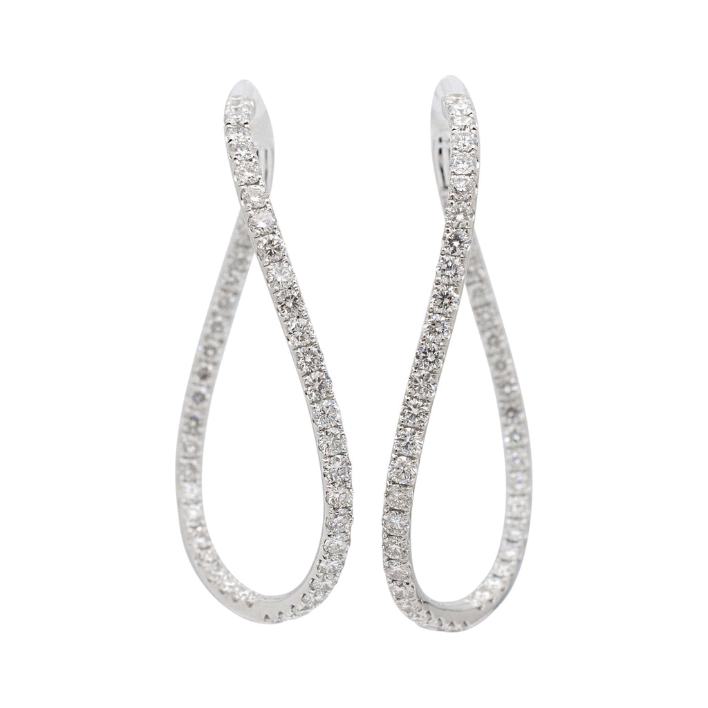 Ladies 18K White Gold Inside-out Diamond Waved Twisted Hoop Earrings