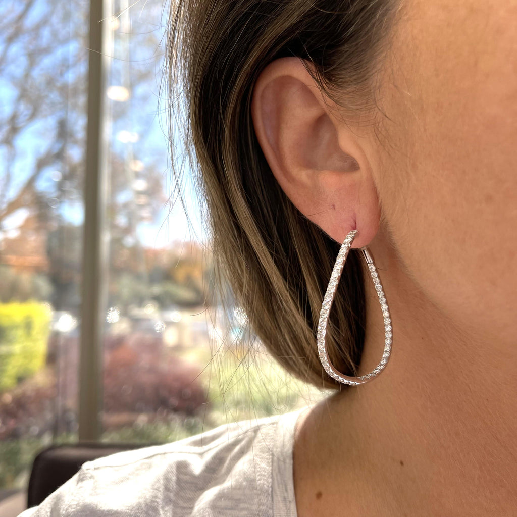 Ladies 18K White Gold Inside-out Diamond Waved Twisted Hoop Earrings