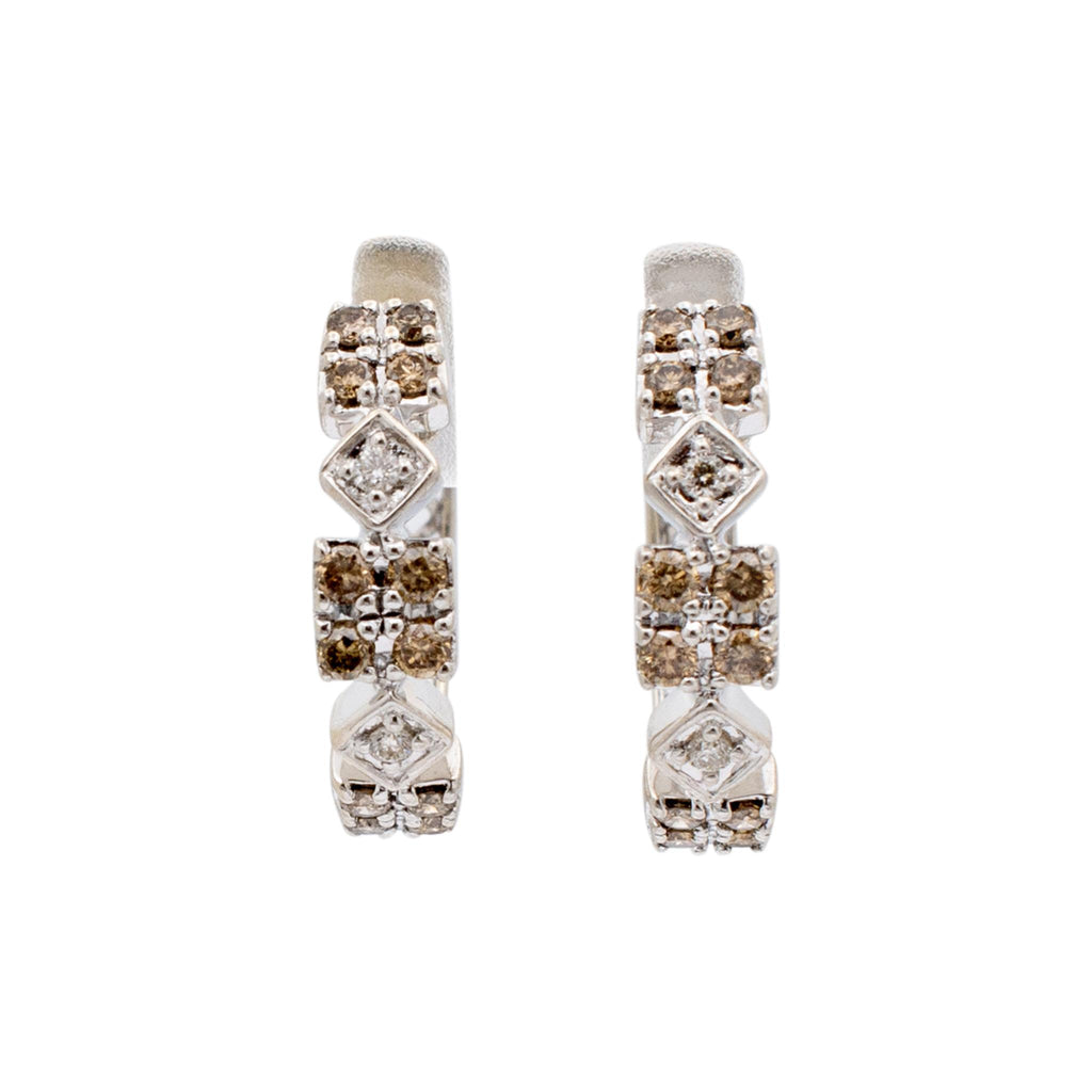 Ladies 14K White Gold Chocolate & White Diamonds Huggie Hoop Earrings