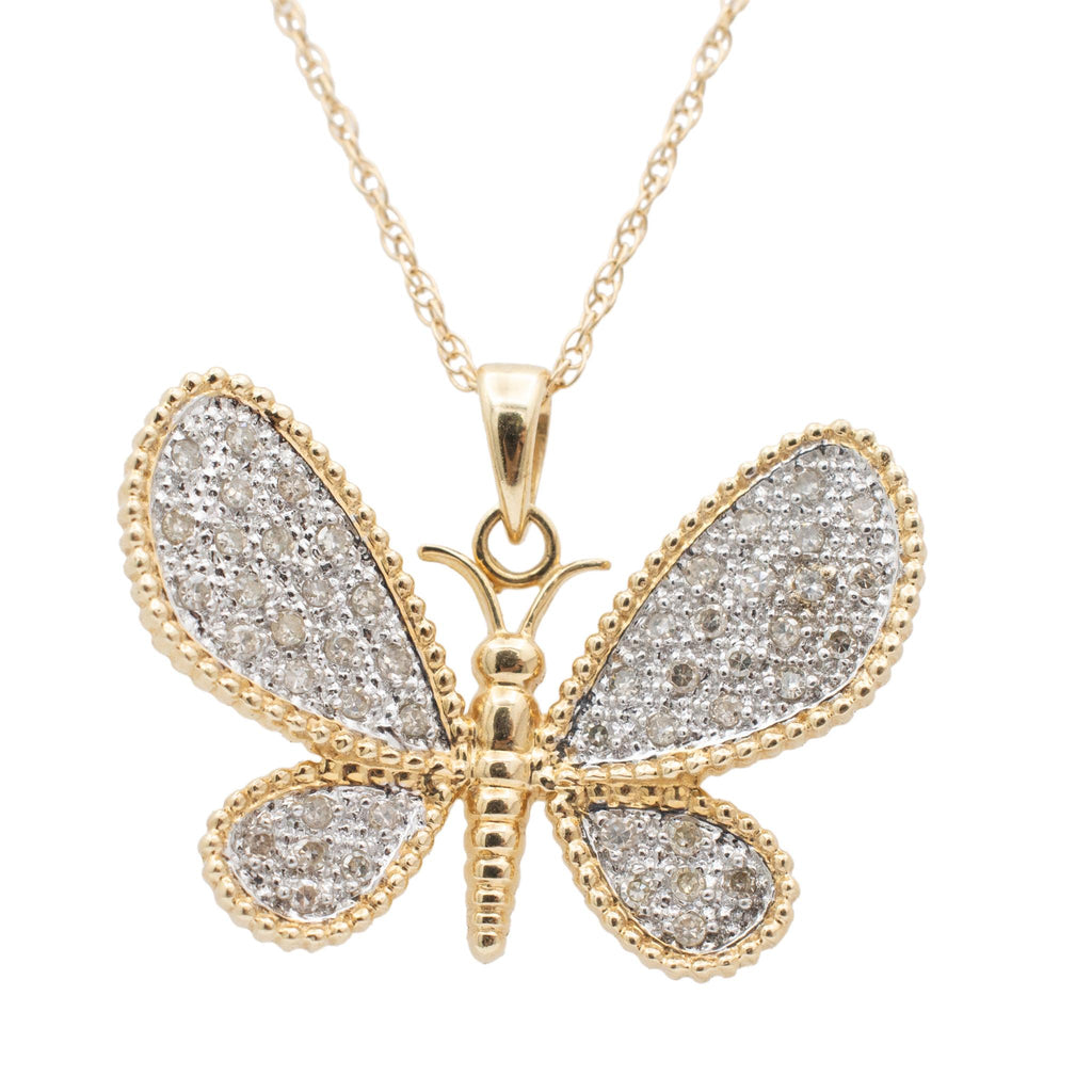 Ladies 14K Yellow Gold Cluster Pave Diamond Butterfly Pendant Necklace