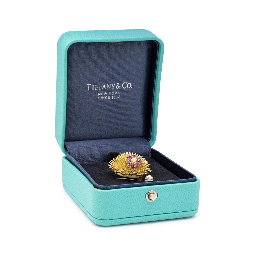VINTAGE TIFFANY & CO. 18K YELLOW GOLD DIAMOND RUBY SEA URCHIN BROOCH