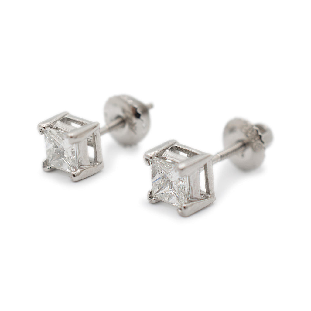 Ladies 14K White Gold 1.00CT Princess Cut Diamond Screw Back Stud Earrings