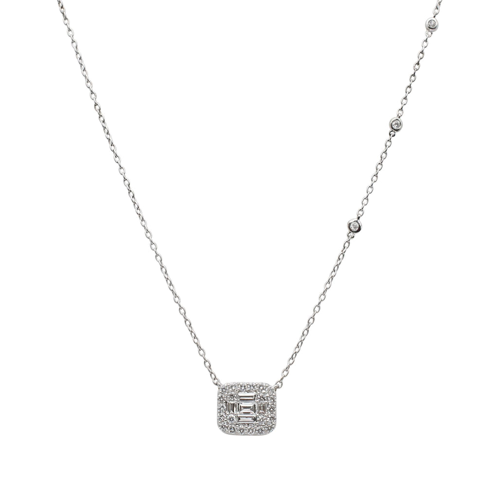 Ladies 14K White Gold Baguette & Round Diamond Rectangular Pendant Necklace