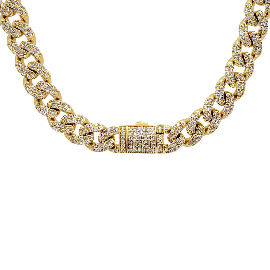 10K Yellow Gold 15.08ct Pave Diamond Cuban Link Chain Necklace